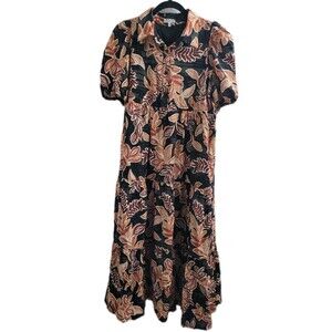 TCEC Puff Sleeve Tiered Midi Dress Black Orange Leaf Print Rayon Lined Size M